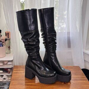 Black Faux Leather Knee High Slouch Platform Boots Size 7